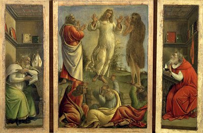 Tríptico que muestra la Transfiguración, Jesús Apareciendo a sus Discípulos con los Santos Jerónimo y Agustín en los paneles laterales, c.1500 de Sandro Botticelli
